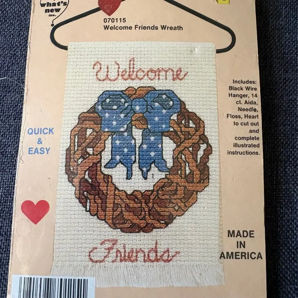 Welcome Friends Wreath Vintage Counted Cross Stitch Kit by Country Wireworks 80s